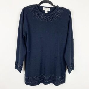 Vintage Petite Sophisticate Black Beaded Sweater Long Sleeve Knit‎ Top Womens MP